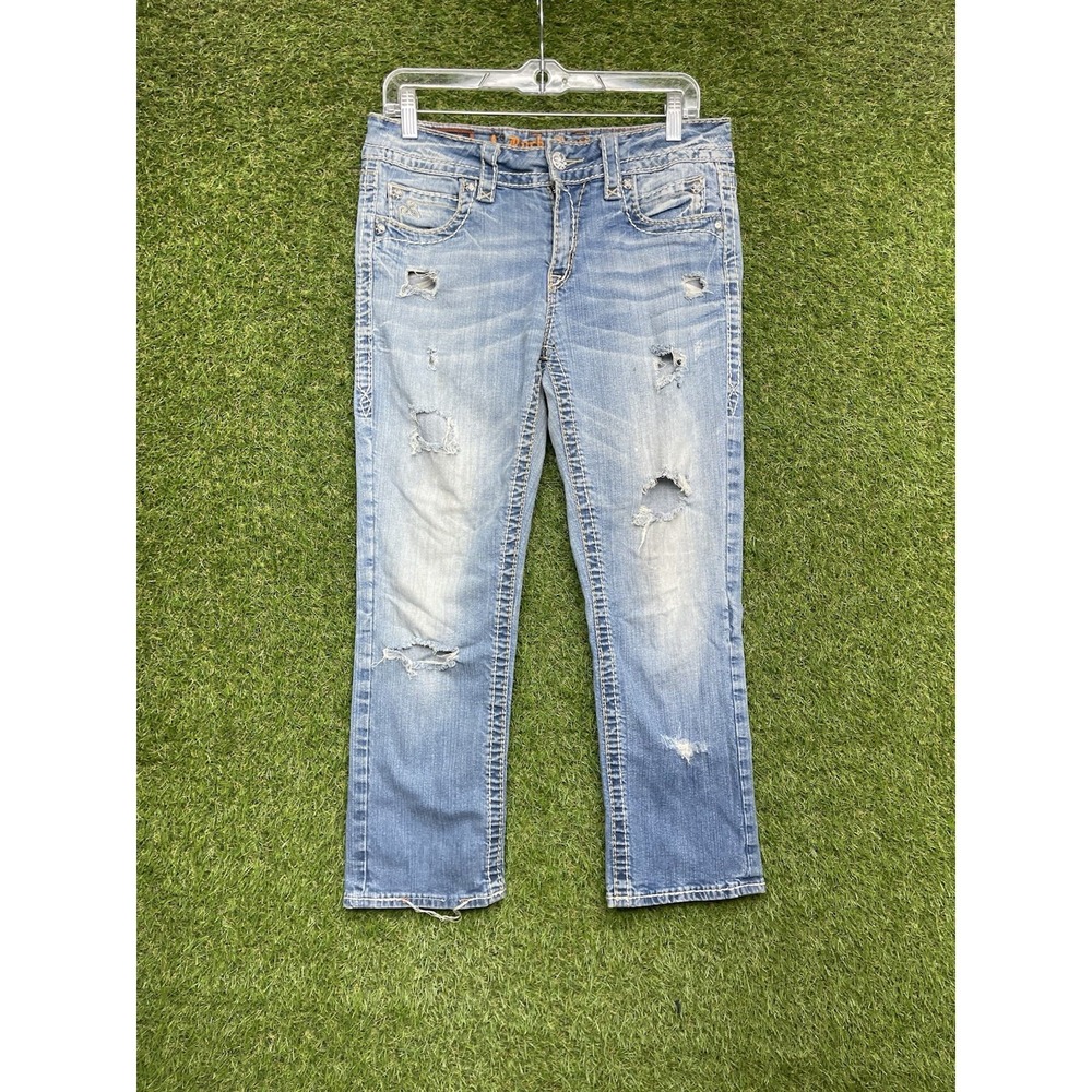 Rock Revival Noelle Capri Jeans Womens 28 Medium Wash Low Rise Slouchy Embellish